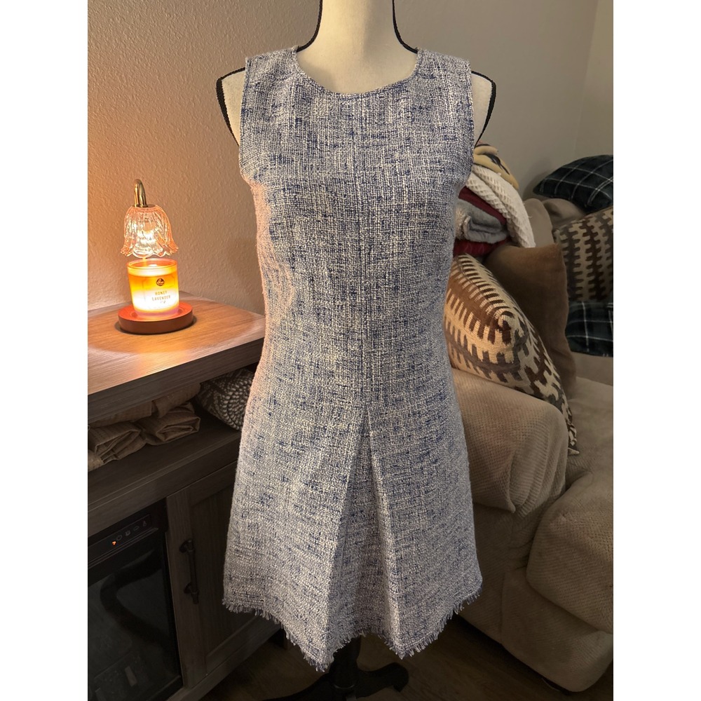 S.I.L.K. Dress small blue white sleeveless tweed
